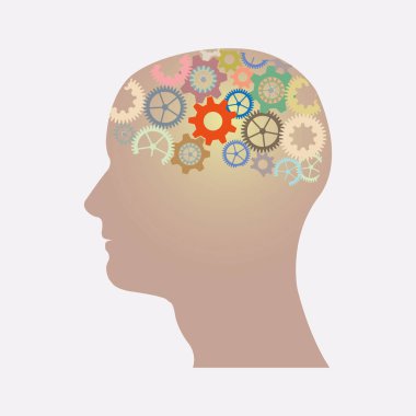 Kafadaki renkli dişlilerin vektör çizimi. Beyindeki çalışma mekanizması.