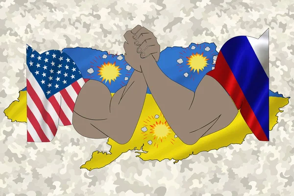 Vector illustration, Closeup, Arm wrestling of Usa against Russia on Ukranian Flag (en inglés). Concepto de crisis de guerra y conflictos políticos entre naciones. — Archivo Imágenes Vectoriales