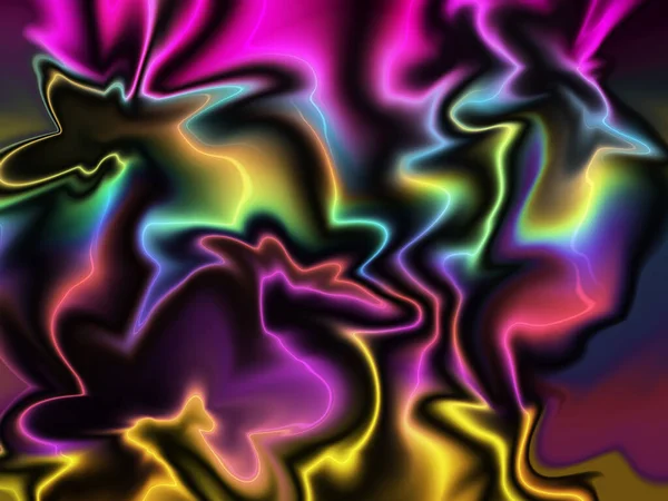 Abstruse, bunte und leuchtende Neon-Rauchlinien auf dunklem Hintergrund. — Stockfoto