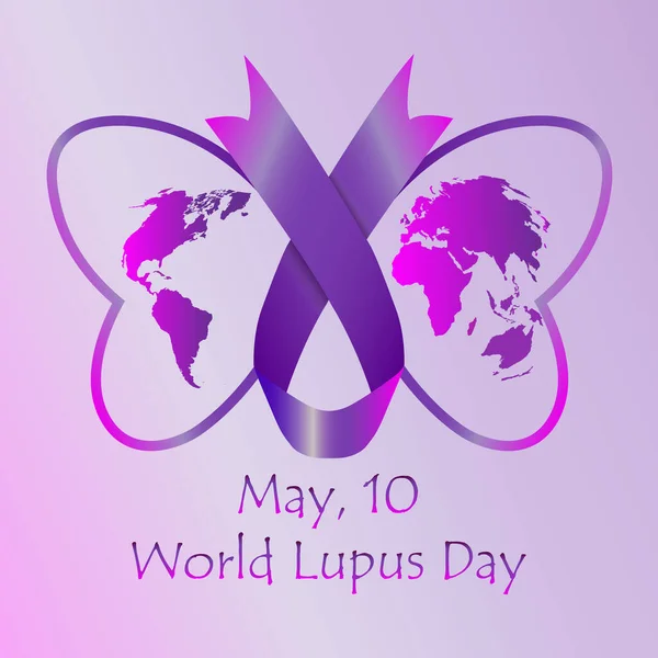 Purple ribbon and butterfly symbol of Lupus disease. World Lupus day concept. Vector illustration. — ストックベクタ