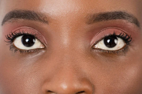 Close up, profle photo of a dark skin female eye, iris, pupil, eye lashes, eye lids. — Zdjęcie stockowe