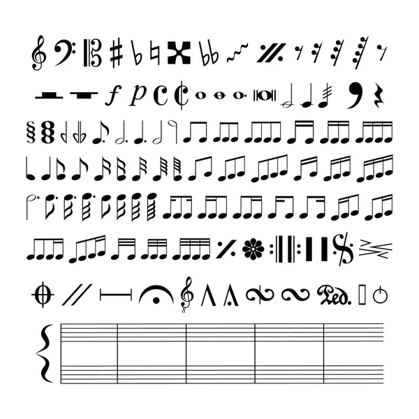 Iilustración vectorial de todas las notas musicales y símbolos aislados sobre fondo blanco. — Vector de stock