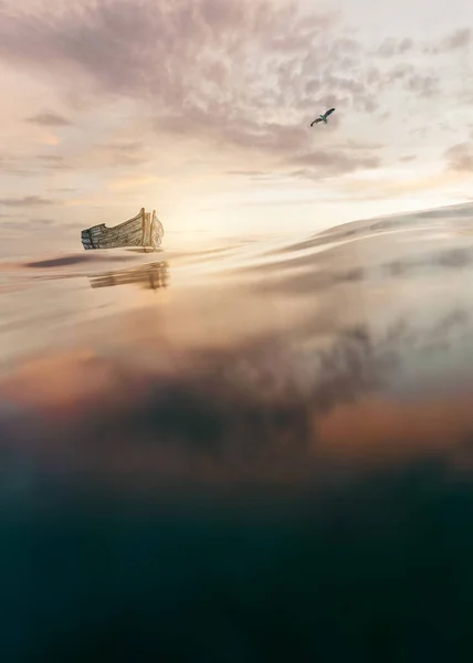 Empty Small Old Mysterious Boat Floating Calm Tranquil Sea High — Foto Stock