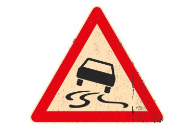 Traffic sign slippery road symbol on rusted and grungy metal board isolated on white background. High quality illustration