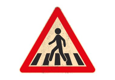 Traffic sign pedestrian crossing symbol on rusted and grungy metal board isolated on white background. High quality illustration