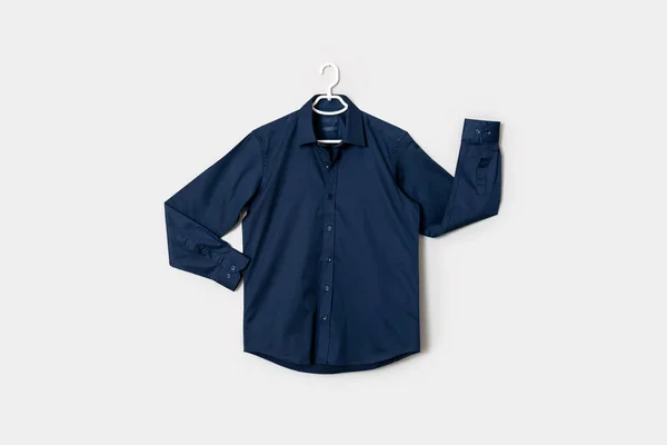 Front View Dark Blue Colored Button Shirt Shirt Hanger Isolated — Foto Stock