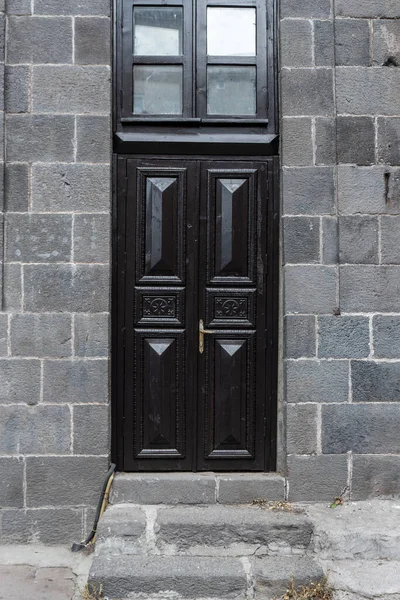 Old Classical Stone House Rustic Black Carved Vintage Wooden Door — Stock Photo, Image