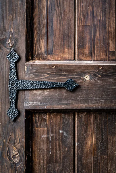 Old Grungy Brown Natural Wooden Door Part Grains Black Metal — Stock Photo, Image