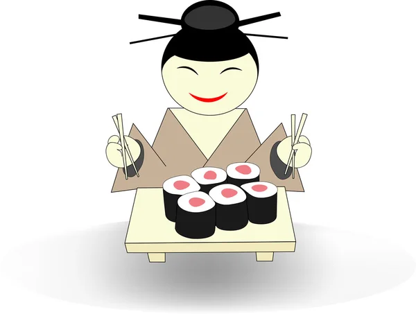 Krásná asijské dívka těšit sushi Royalty Free Stock Ilustrace