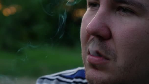 Man smokes a cigarette while sitting in the park — Stock Video