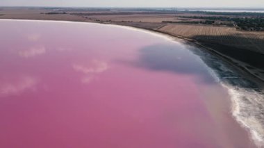 Pembe bir gölün üzerinde uçan bir dronun görüntüleri. Şaşırtıcı hava manzarası doğa güzelliği