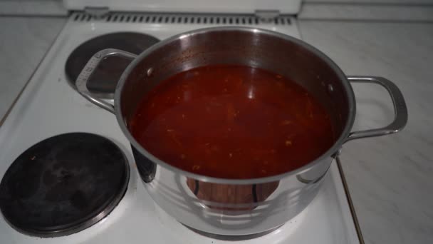 Una pentola piena di borscht in piedi sulla stufa — Video Stock