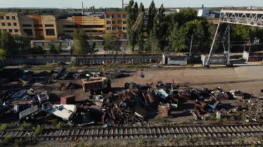 Scrap metal recycling. Magnet tablet transport scrap metal. Metal recycle process.