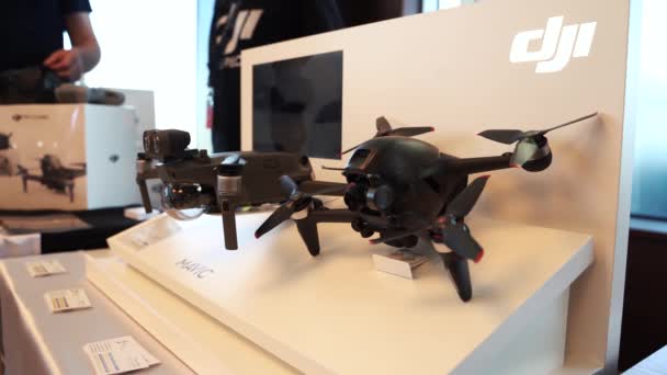 Dji fpv drone at technology exhibition moscow russia july 21, 2021 — Stock Video