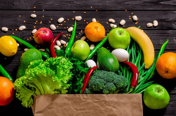 Seleção Alimentos Saudáveis Saco Compras Cheio Legumes Frutas Frescas Plana Imagem De Stock