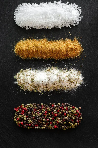 Variety Natural Spicy Salt Black Table Kitchen Background Fotografia Stock