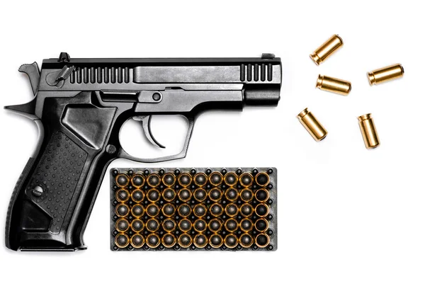 Чорний Пістолет Травматичний Пістолет Набоями Лежить Білому Тлі — стокове фото