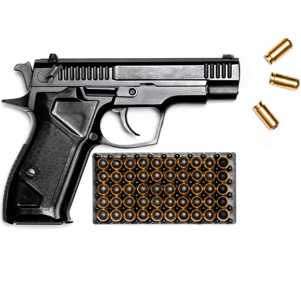 Una Pistola Negra Pistola Traumática Con Cartuchos Encuentra Sobre Fondo —  Fotos de Stock