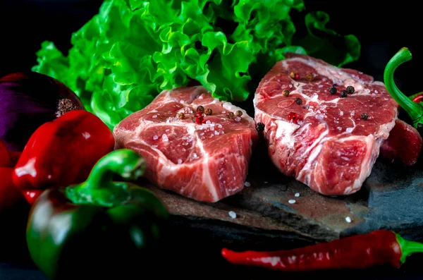 Healthy eating. Meat set. Raw meat steaks with seasonings