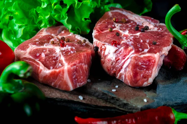 Healthy eating. Meat set. Raw meat steaks with seasonings