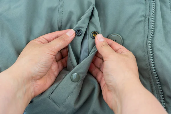 Two Collapsible Parts Unbuttoned Metal Snap Button Fastener Mounted Outerwear — Stock Photo, Image