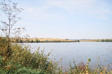 Kuru çimenler ve sonbaharda yeşil ağaçlarla muhteşem bir göl manzarası. Göletin üzerinde açık mavi gökyüzü. Doğa koruma kavramı. Kırsal kesimde kırsal kesim. Köydeki balık yetiştirme havzası..