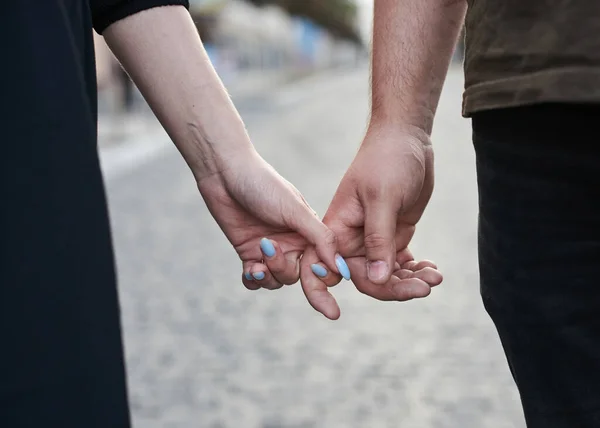 Close Picture Romantic Couple Holding Hands Woman Light Blue Manicure — Stock fotografie