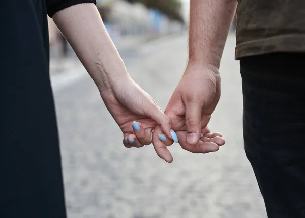 Close Picture Romantic Couple Holding Hands Woman Light Blue Manicure — Stock Photo, Image