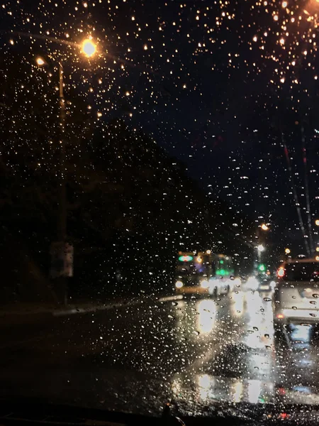 Night City View Windscreen Car Night Rain Drops Automobile Window — Zdjęcie stockowe