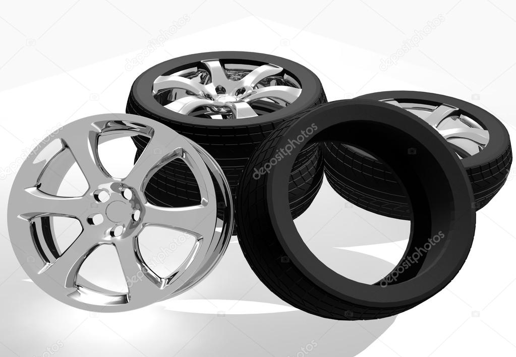 Dark-grey car tyres and chrome car rims