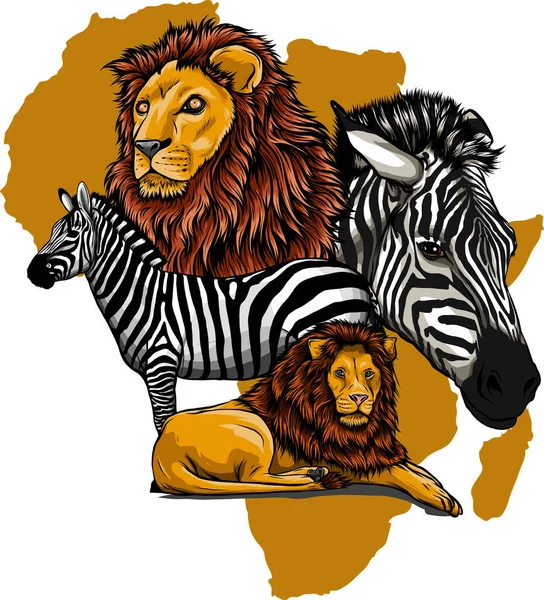 Vector illustration of lion and zebra in africa — Stock Vector