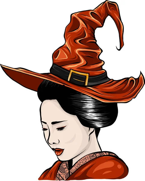 Eine schöne Geisha-Hexe mit Halloween-Hut — Stockvektor