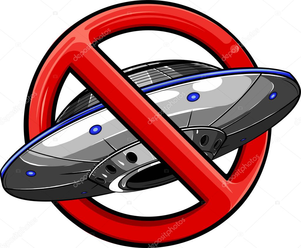 No UFO symbol design illustration. Forbidden sign with spaceship and alien icon isolated on white background.