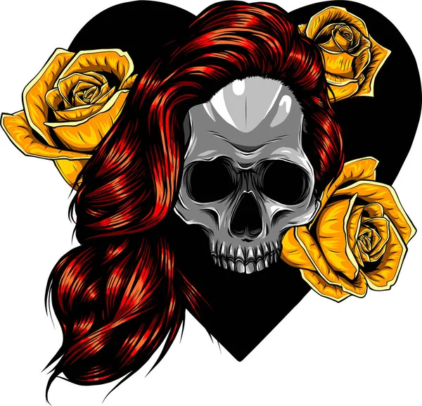 Illustration Tatouage Colorée Dessinée Main Vectorielle Fille Crâne Avec Des — Image vectorielle