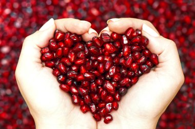 Pomegranate seeds shaping heart in hands clipart