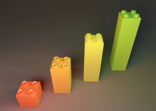 生长条形图从彩色玩具块现代背景 3D洗涤剂 来自积木的成长图 3D迷幻 — 图库照片