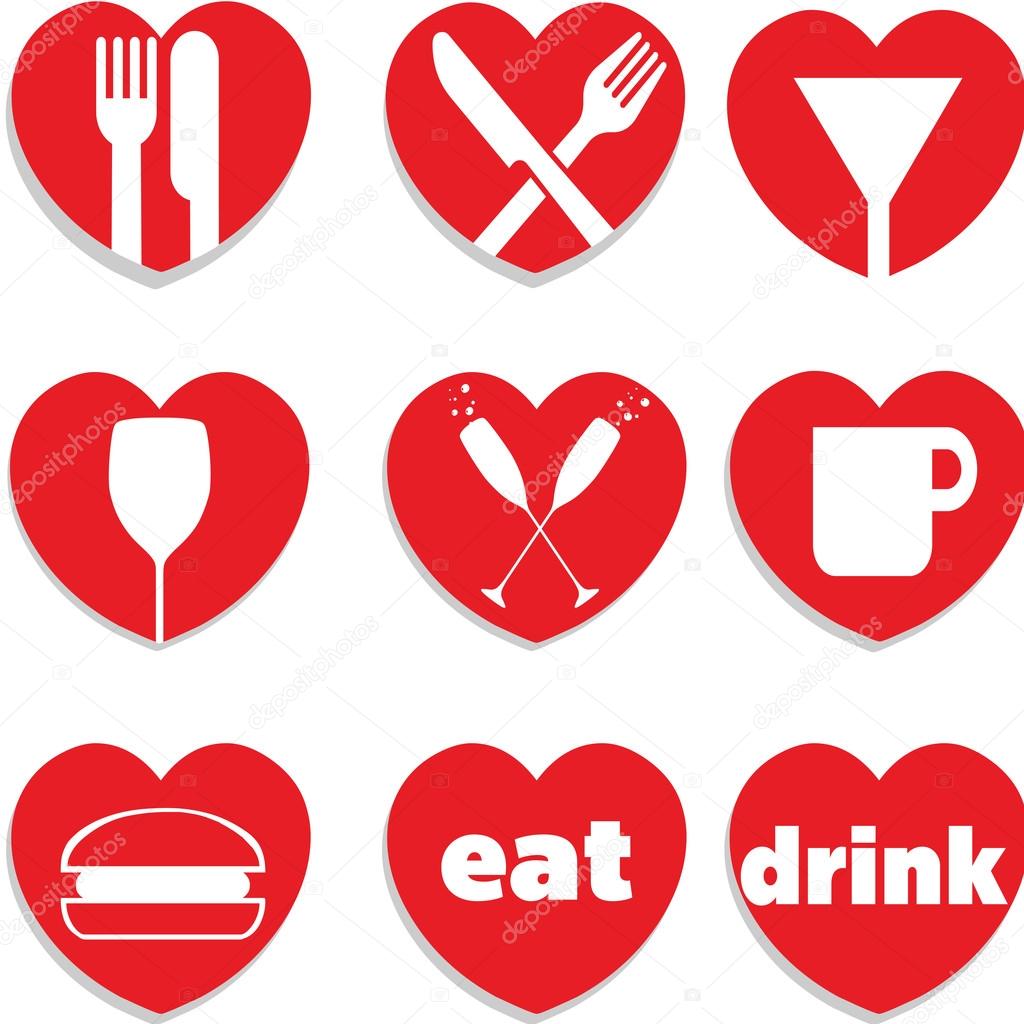 A set of heart themed love food and drink icons.