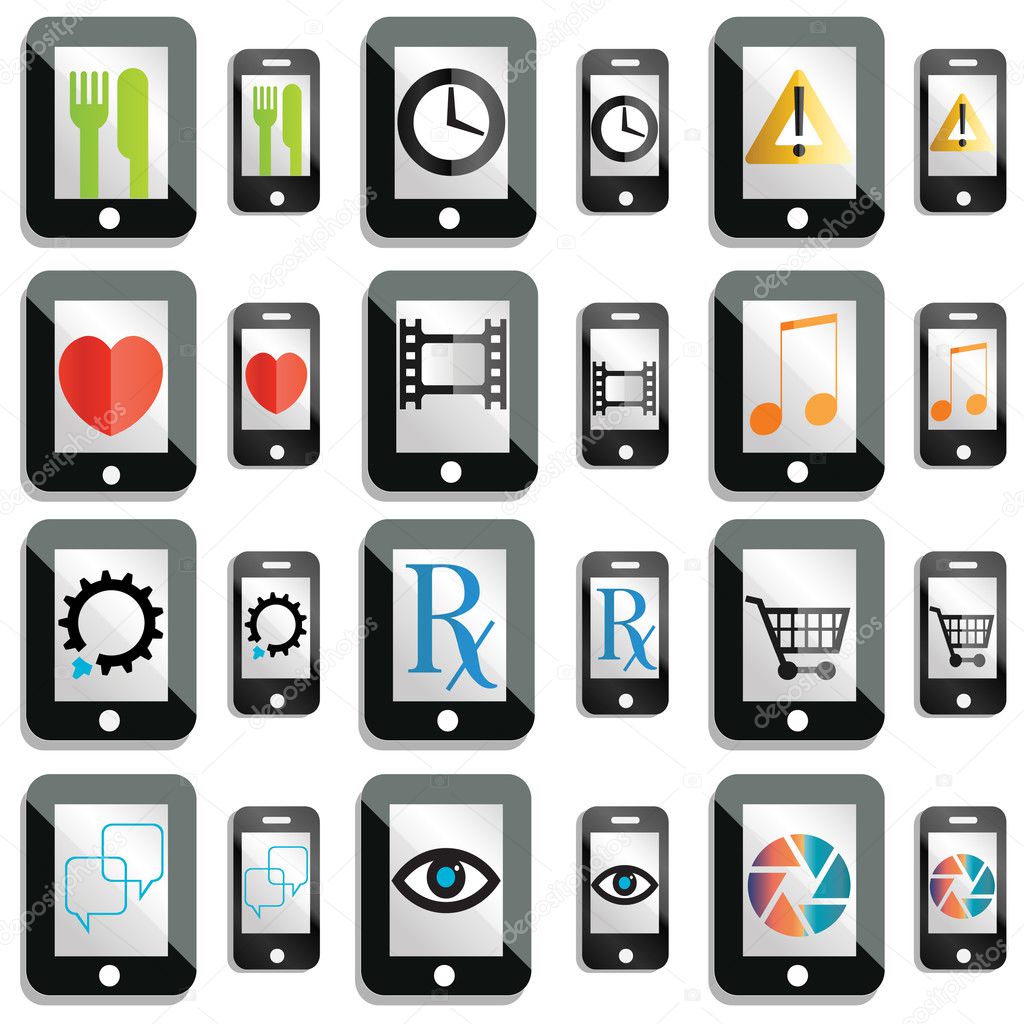 A set of touchscreen device icons and buttons