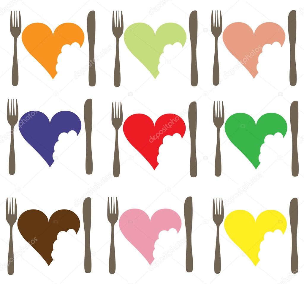 A set of different coloured icons depicting love food