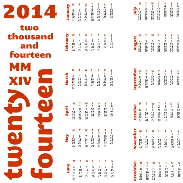 Calendrier 2014 12 mois — Image vectorielle