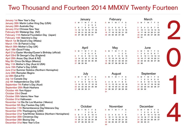 Kalender voor 12 maanden 2014 met feestdagen — Stockvector