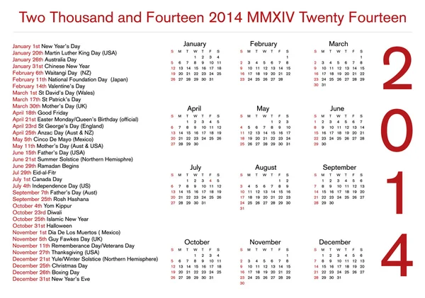Kalender voor 12 maanden 2014 met feestdagen — Stockfoto