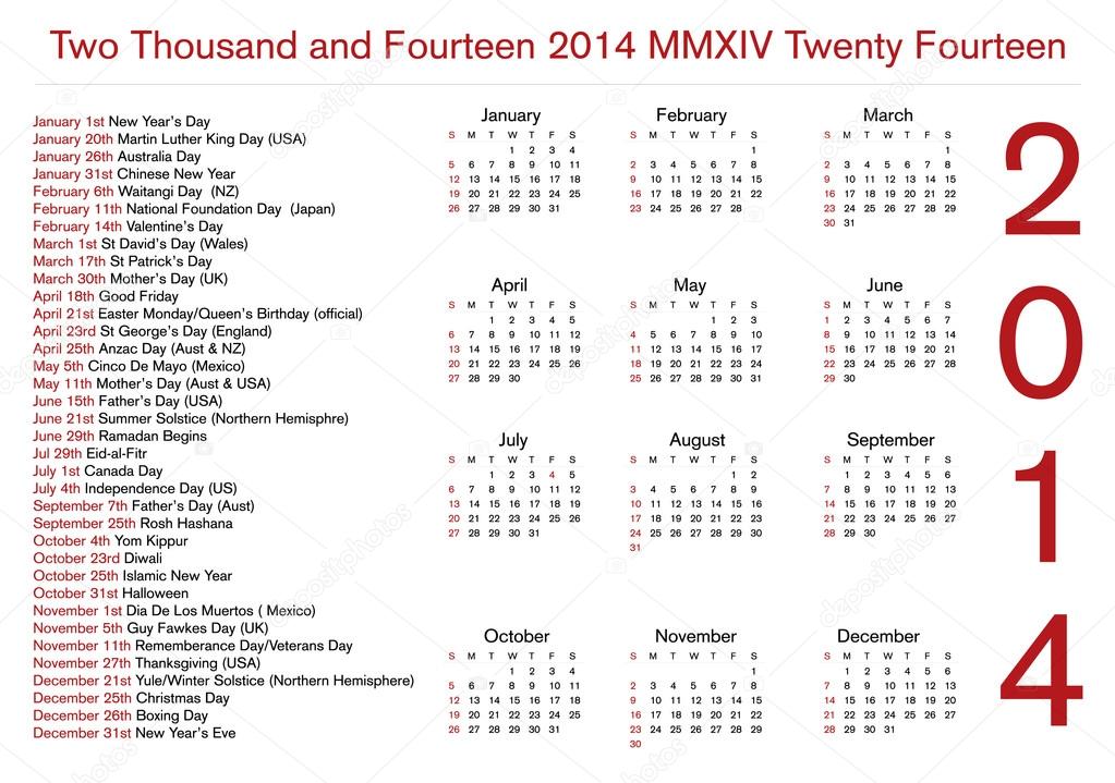 12 Month 14 Calendar With Holidays Stock Photo Image By C Ashleynomad