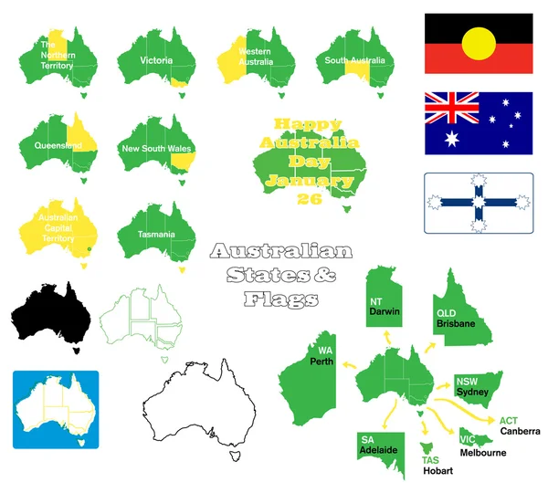 Vlajky, mapy a státy Austrálie — Stockový vektor
