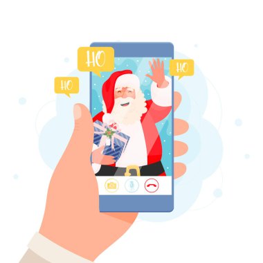 Akıllı telefondan Noel Baba ile görüntülü konuşma, konsept çizim 