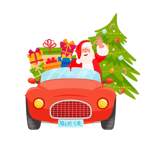 Санта Кермом Xmas Червоний Автомобіль Різдвяною Сосною Подарунками — стоковий вектор