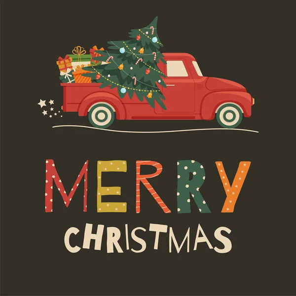 Joyeux Noël Carte Avec Lettrage Festif Camion Rouge Vintage Avec — Image vectorielle
