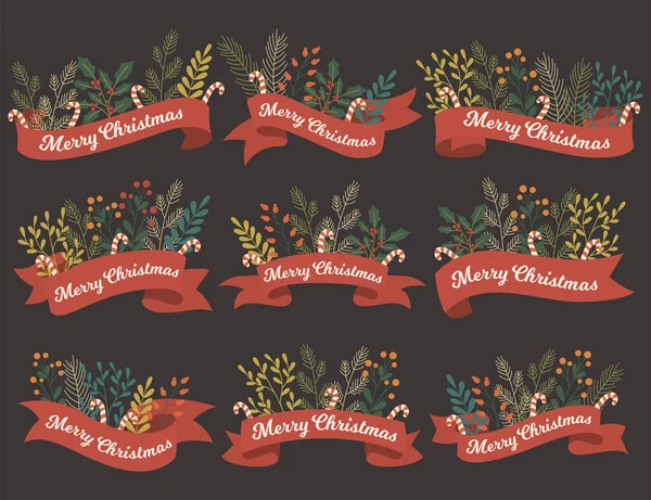 Set Von Neun Weihnachtsblumenblättern Rote Bänder Grüße — Stockvektor