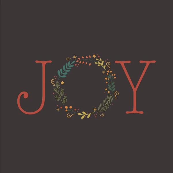 Cartão Natal Com Letras Joy Coroa Folhagem Decorativa Ilustração Vetorial — Vetor de Stock