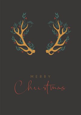Geyik boynuzu ve yeşillik desenli mutlu Noeller kartı.